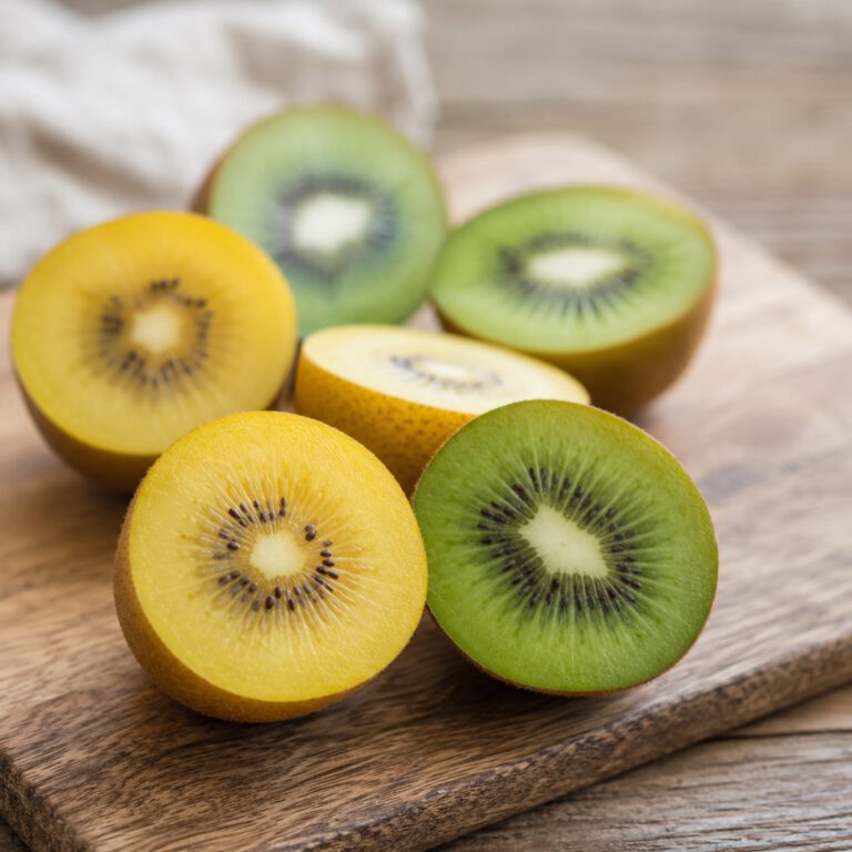 Kiwis amarillos y verdes cortados a la mitad